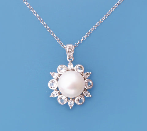 Sterling Silver Pendant with 9.5-10mm Button Shape Freshwater Pearl and White Topaz