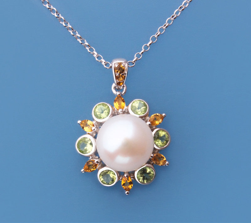 Sterling Silver Pendant with 9.5-10mm Button Shape Freshwater Pearl, Peridot and Citrine - Wing Wo Hing Jewelry Group - Pearl Jewelry Manufacturer