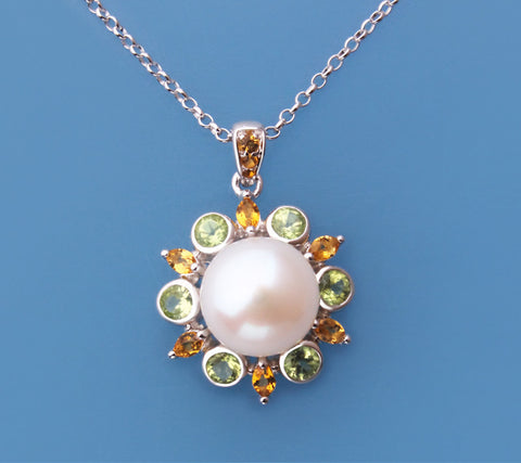 Sterling Silver Pendant with 9.5-10mm Button Shape Freshwater Pearl, Peridot and Citrine