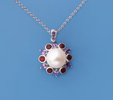 Sterling Silver Pendant with 9.5-10mm Button Shape Freshwater Pearl, Garnet and Amethyst - Wing Wo Hing Jewelry Group - Pearl Jewelry Manufacturer