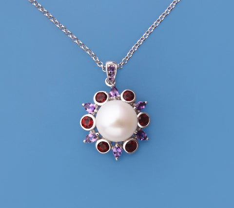 Sterling Silver Pendant with 9.5-10mm Button Shape Freshwater Pearl, Garnet and Amethyst