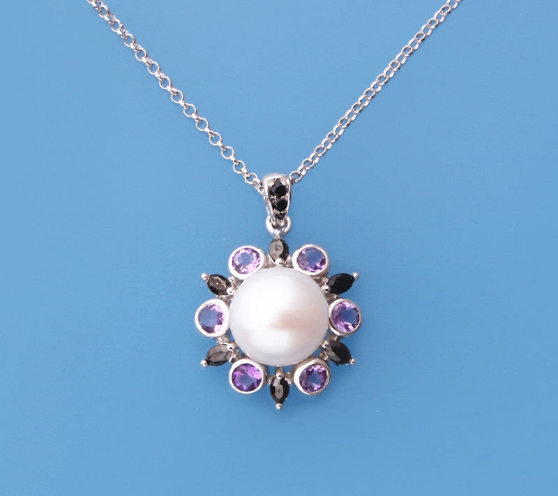 Sterling Silver Pendant with 9.5-10mm Button Shape Freshwater Pearl, Black Spinel and Amethyst - Wing Wo Hing Jewelry Group - Pearl Jewelry Manufacturer