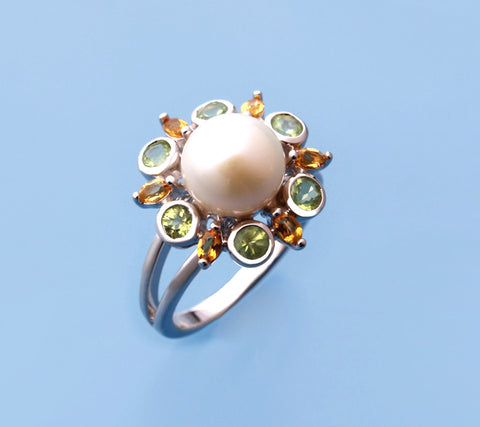 Sterling Silver Ring with 9-9.5mm Button Shape Freshwater Pearl, Peridot and Citrine