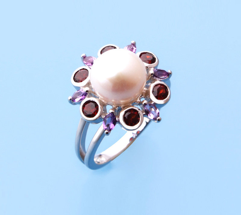 Sterling Silver Ring with 9-9.5mm Button Shape Freshwater Pearl, Garnet and Amethyst - Wing Wo Hing Jewelry Group - Pearl Jewelry Manufacturer