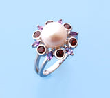 Sterling Silver Ring with 9-9.5mm Button Shape Freshwater Pearl, Garnet and Amethyst - Wing Wo Hing Jewelry Group - Pearl Jewelry Manufacturer