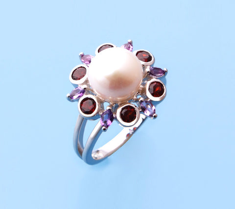 Sterling Silver Ring with 9-9.5mm Button Shape Freshwater Pearl, Garnet and Amethyst