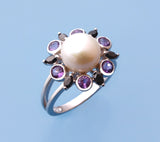 Sterling Silver Ring with 9-9.5mm Button Shape Freshwater Pearl, Black Spinel and Amethyst - Wing Wo Hing Jewelry Group - Pearl Jewelry Manufacturer