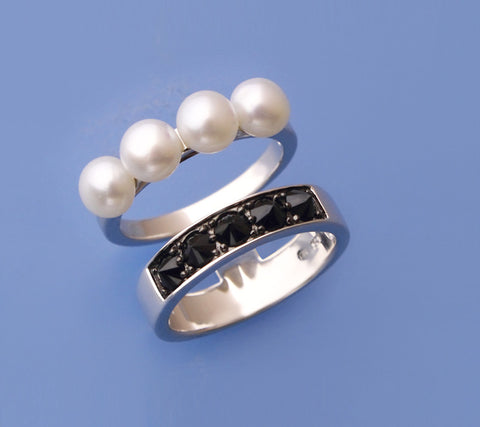 Sterling Silver Ring with 5.5-6mm Button Shape Freshwater Pearl and Black Spinel
