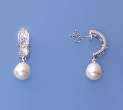 Sterling Silver Earrings with 8-8.5mm Oval Shape Freshwater Pearl and Cubic Zirconia