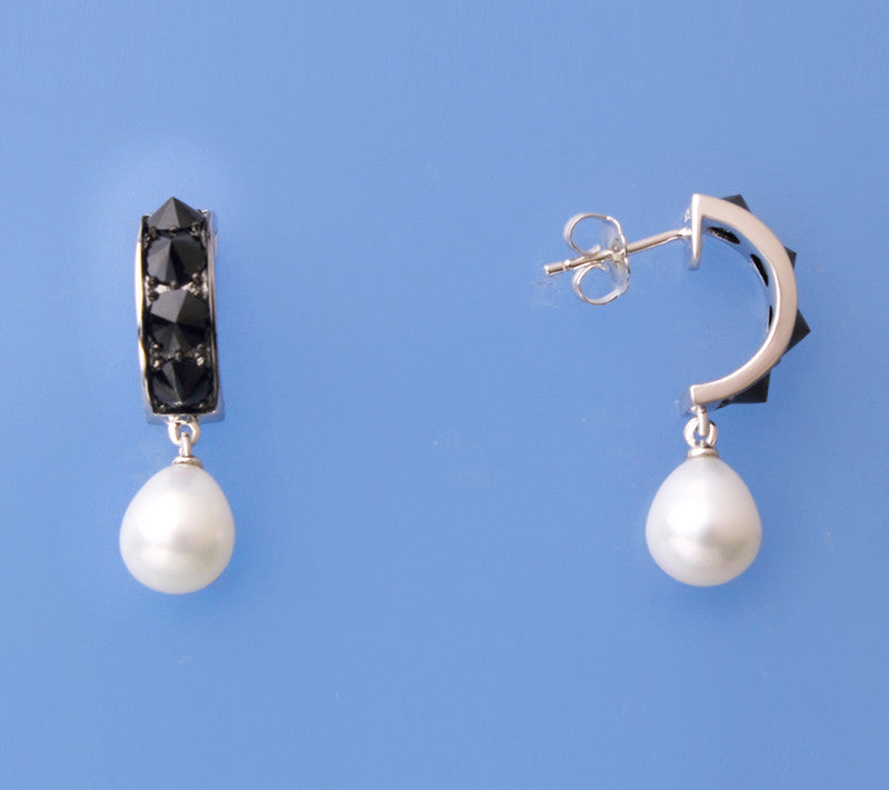 Sterling Silver Earrings with 8-8.5mm Oval Shape Freshwater Pearl and Black Spinel - Wing Wo Hing Jewelry Group - Pearl Jewelry Manufacturer
