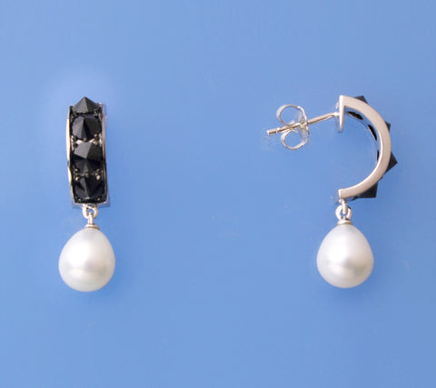 Sterling Silver Earrings with 8-8.5mm Oval Shape Freshwater Pearl and Black Spinel