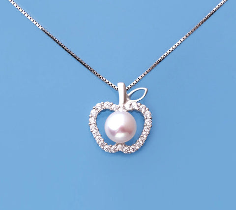 Sterling Silver Pendant with 6-6.5mm Button Shape Freshwater Pearl and Cubic Zirconia
