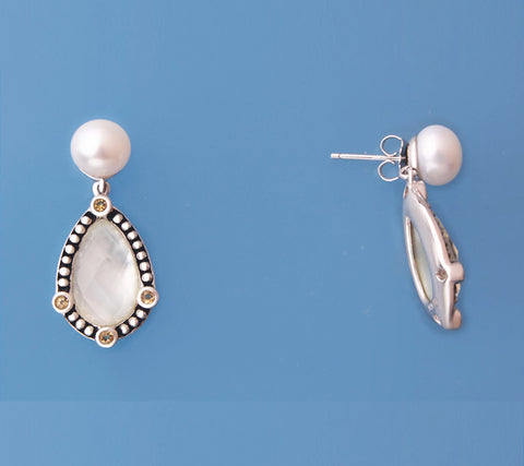 Sterling Silver Earrings with 8.5-9mm Button Shape Freshwater Pearl and Mother of Pearl