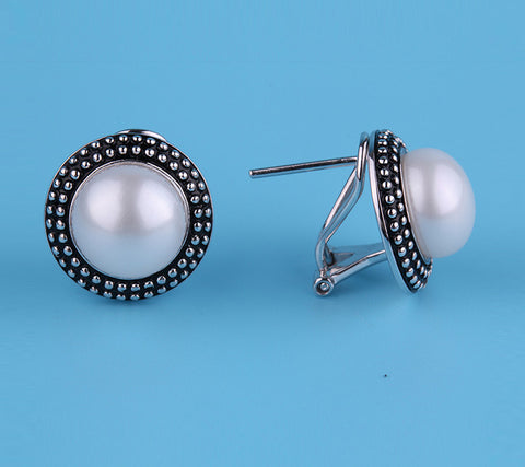 Black Enamel Silver with 9.5-10mm Button Shape Freshwater Pearl Earrings