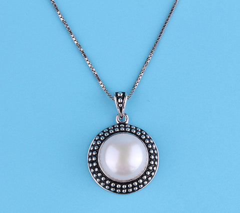 White and Black Plated Silver Pendant with 9.5-10mm Button Shape Freshwater Pearl