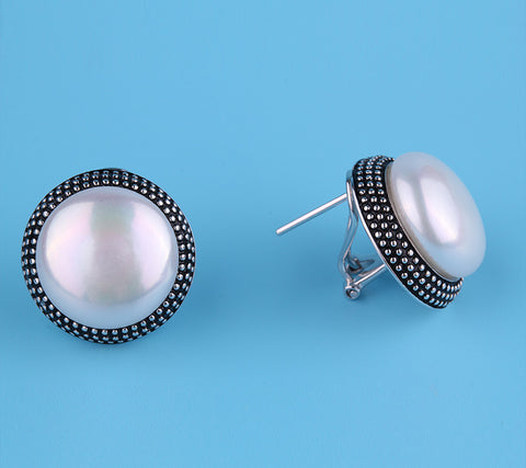 White and Black Plated Silver Earrings with 15-16mm Coin Shape Freshwater Pearl