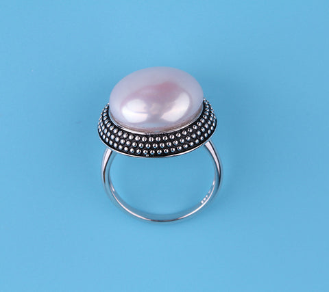 White and Black Plated Silver Ring with 15-16mm Coin Shape Freshwater Pearl