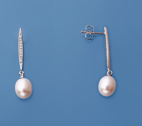 Sterling Silver Earrings with 7.5-8mm Drop Shape Freshwater Pearl and Cubic Zirconia