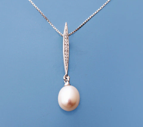 Sterling Silver Pendant with 7.5-8mm Drop Shape Freshwater Pearl and Cubic Zirconia