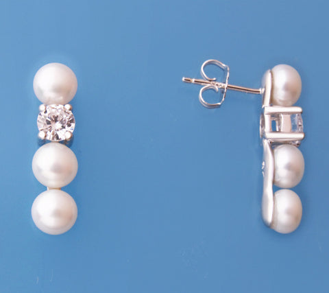 Sterling Silver Earrings with 5.5-6mm Button Shape Freshwater Pearl and Cubic Zirconia