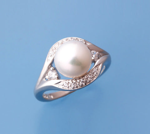 Sterling Silver Ring with 8.5-9mm Button Shape Freshwater Pearl and Cubic Zirconia