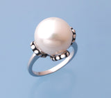 White and Black Plated Silver Ring with 13-13.5mm Button Shape Freshwater Pearl - Wing Wo Hing Jewelry Group - Pearl Jewelry Manufacturer