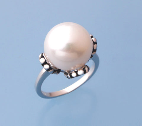 White and Black Plated Silver Ring with 13-13.5mm Button Shape Freshwater Pearl