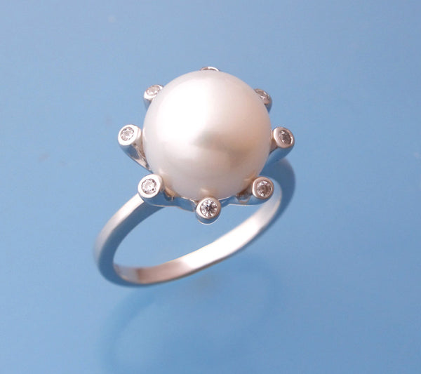 Sterling Silver Ring with 10-10.5mm Button Shape Freshwater Pearl and Cubic Zirconia - Wing Wo Hing Jewelry Group - Pearl Jewelry Manufacturer