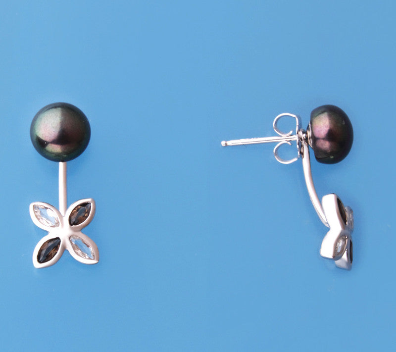 Sterling Silver Earrings with 7.5-8mm Button Shape Freshwater Pearl, White Topaz and Smoky Quartz - Wing Wo Hing Jewelry Group - Pearl Jewelry Manufacturer