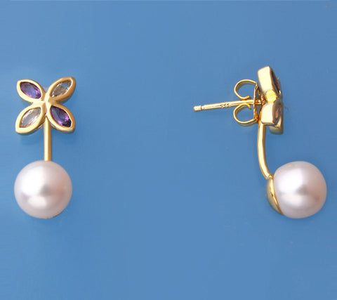 Gold Plated Silver Earrings with 7.5-8mm Button Shape Freshwater Pearl, White Topaz and Amethyst