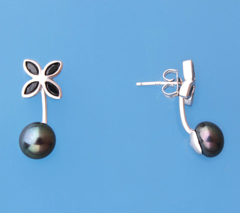 Sterling Silver Earrings with 7.5-8mm Button Shape Freshwater Pearl and Black Spinel - Wing Wo Hing Jewelry Group - Pearl Jewelry Manufacturer