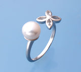 Sterling Silver Ring with 7.5-8mm Button Shape Freshwater Pearl and White Topaz - Wing Wo Hing Jewelry Group - Pearl Jewelry Manufacturer