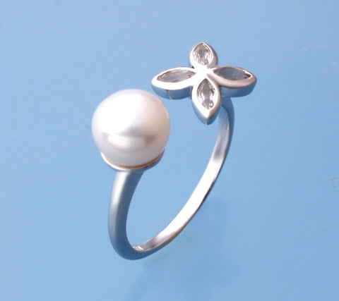 Sterling Silver Ring with 7.5-8mm Button Shape Freshwater Pearl and White Topaz
