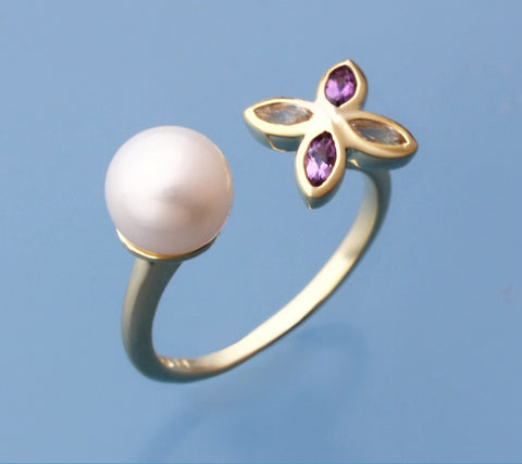 Gold Plated Silver Ring with 7.5-8mm Button Shape Freshwater Pearl, Amethyst and White Topaz