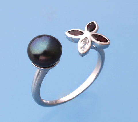 Sterling Silver Ring with 7.5-8mm Button Shape Freshwater Pearl, Garnet and White Topaz