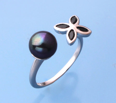 Sterling Silver Ring with 7.5-8mm Button Shape Freshwater Pearl and Black Spinel