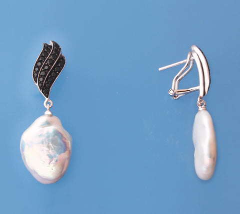 Sterling Silver Earrings with 14-15mm Keshi Shape Freshwater Pearl and Black Spinel