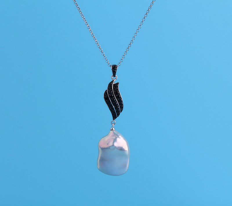 Sterling Silver Pendant with 14-15mm Keshi Shape Freshwater Pearl and Black Spinel - Wing Wo Hing Jewelry Group - Pearl Jewelry Manufacturer