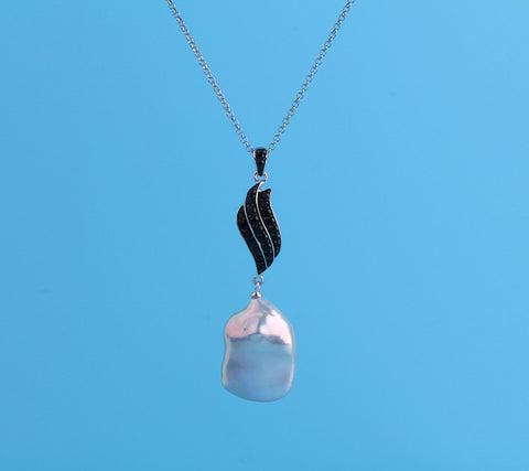 Sterling Silver Pendant with 14-15mm Keshi Shape Freshwater Pearl and Black Spinel