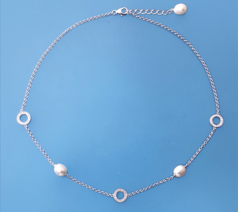 Sterling Silver Necklace with 8.5-9.5mm Oval Shape Freshwater Pearl and Cubic Zirconia - Wing Wo Hing Jewelry Group - Pearl Jewelry Manufacturer