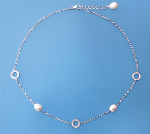 Sterling Silver Necklace with 8.5-9.5mm Oval Shape Freshwater Pearl and Cubic Zirconia