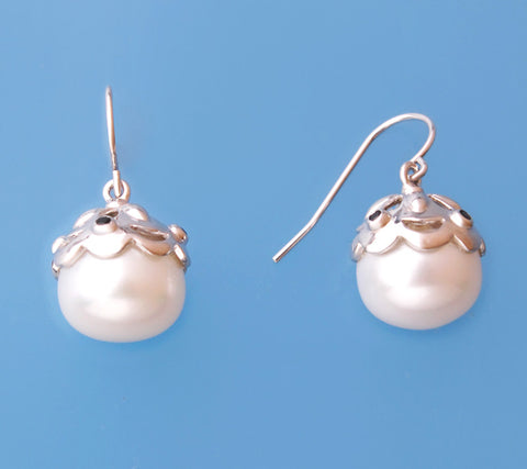 Sterling Silver Earrings with 11.5-12mm Button Shape Freshwater Pearl and Cubic Zirconia