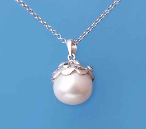 Sterling Silver Pendant with 11.5-12mm Button Shape Freshwater Pearl and Cubic Zirconia