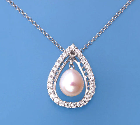 Sterling Silver Pendant with 7.5-8mm Drop Shape Freshwater Pearl and Cubic Zirconia
