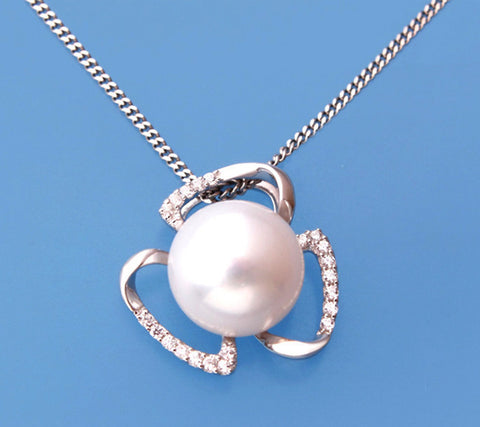 Sterling Silver Pendant with 9.5-10mm Button Shape Freshwater Pearl and Cubic Zirconia