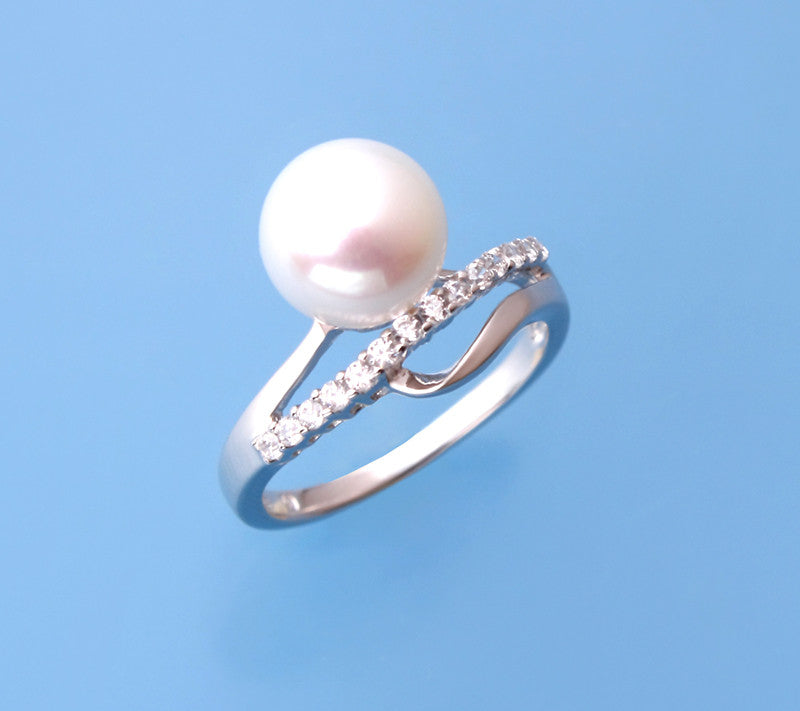 Sterling Silver Ring with 9-9.5mm Button Shape Freshwater Pearl and Cubic Zirconia - Wing Wo Hing Jewelry Group - Pearl Jewelry Manufacturer