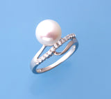 Sterling Silver Ring with 9-9.5mm Button Shape Freshwater Pearl and Cubic Zirconia - Wing Wo Hing Jewelry Group - Pearl Jewelry Manufacturer