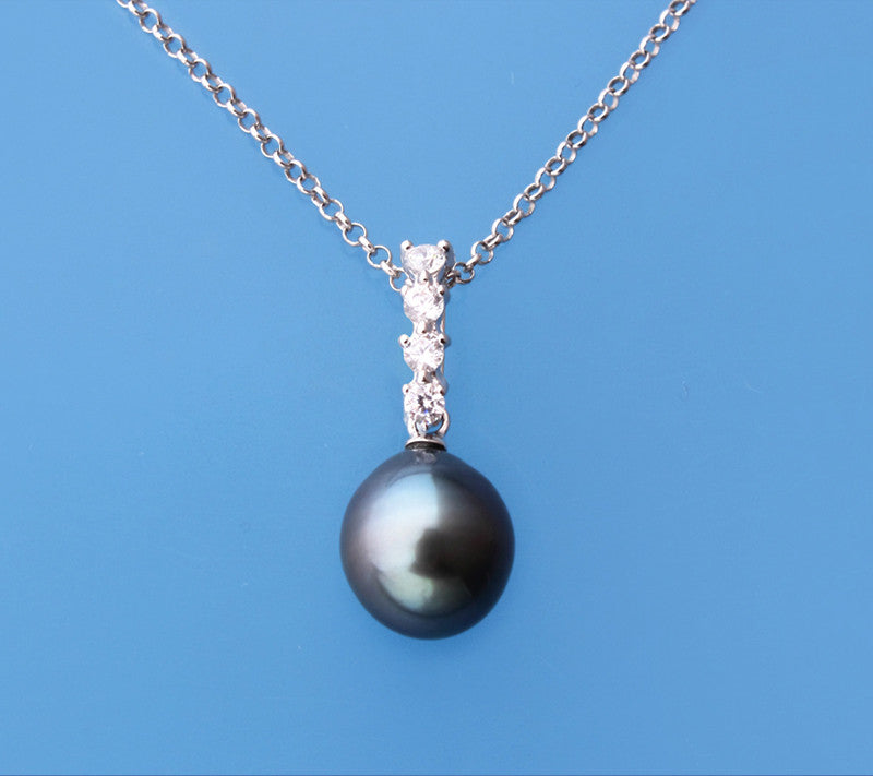 Sterling Silver with 9-10mm Drop Shape Tahitian Pearl and Cubic Zirconia Pendant - Wing Wo Hing Jewelry Group - Pearl Jewelry Manufacturer