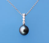 Sterling Silver with 9-10mm Drop Shape Tahitian Pearl and Cubic Zirconia Pendant - Wing Wo Hing Jewelry Group - Pearl Jewelry Manufacturer