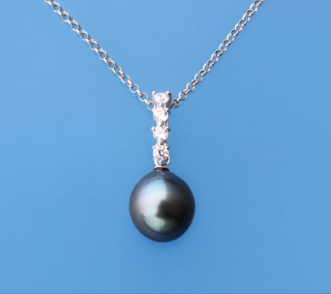 Sterling Silver with 9-10mm Drop Shape Tahitian Pearl and Cubic Zirconia Pendant
